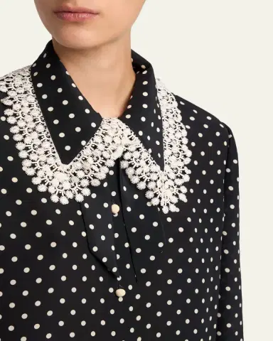 Valentino Garavani Polka-Dot Silk Lace-Collar Midi Shirtdress | Thumbnail 5