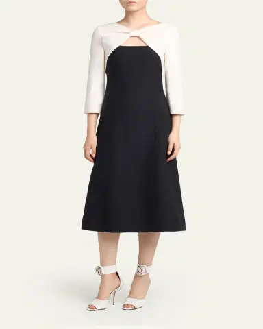Valentino Garavani Colorblock Bow 3/4-Sleeve Midi Dress | Thumbnail 2 Valentino Garavani Colorblock Bow 3/4-Sleeve Midi Dress | Thumbnail 2
