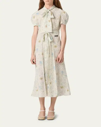 Miu Miu Floral Neck-Tie Short-Sleeve Midi Dress | Thumbnail 3 Miu Miu Floral Neck-Tie Short-Sleeve Midi Dress | Thumbnail 3