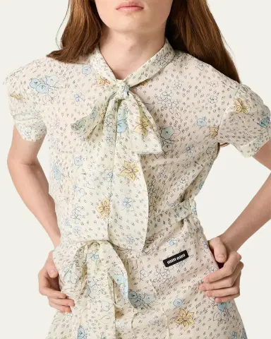 Miu Miu Floral Neck-Tie Short-Sleeve Midi Dress | Thumbnail 4 Miu Miu Floral Neck-Tie Short-Sleeve Midi Dress | Thumbnail 4