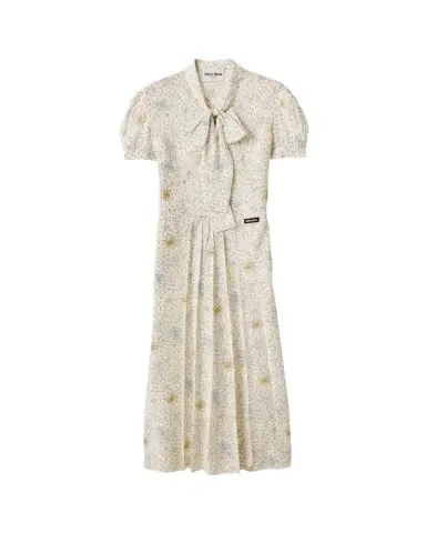 Miu Miu Floral Neck-Tie Short-Sleeve Midi Dress | Thumbnail 1 Miu Miu Floral Neck-Tie Short-Sleeve Midi Dress | Thumbnail 1