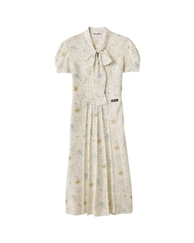 Floral Neck-Tie Short-Sleeve Midi Dress