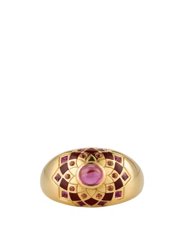 18K Yellow Gold Temple Mandala Dome Ring with Carnelian, Sapphires and Pink Tourmaline, Size