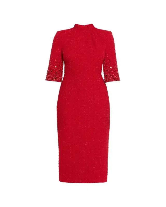 Mock-Neck Beaded Shimmer Tweed Midi Dress