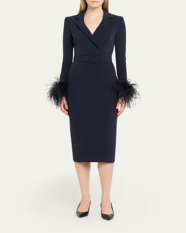 Badgley Mischka Belted Feather-Cuff Midi Sheath Dress | Thumbnail 2 Badgley Mischka Belted Feather-Cuff Midi Sheath Dress | Thumbnail 2