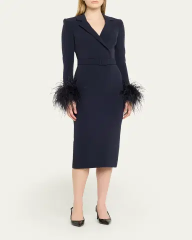 Badgley Mischka Belted Feather-Cuff Midi Sheath Dress | Thumbnail 4 Badgley Mischka Belted Feather-Cuff Midi Sheath Dress | Thumbnail 4