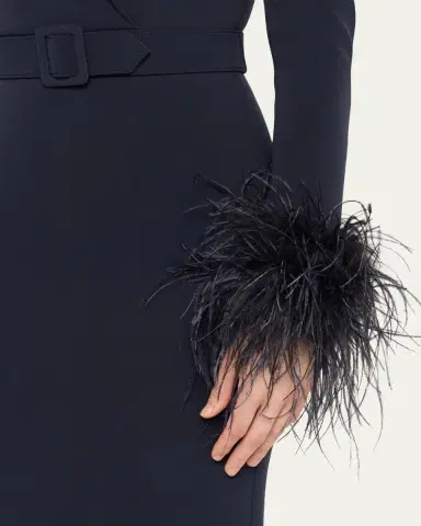 Badgley Mischka Belted Feather-Cuff Midi Sheath Dress | Thumbnail 5 Badgley Mischka Belted Feather-Cuff Midi Sheath Dress | Thumbnail 5