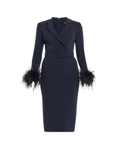 Badgley Mischka Belted Feather-Cuff Midi Sheath Dress | Thumbnail 1 Badgley Mischka Belted Feather-Cuff Midi Sheath Dress | Thumbnail 1