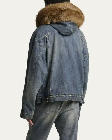 Balenciaga Men's Faux Fur-Trim Hooded Denim Trucker Jacket | Thumbnail 3 Balenciaga Men's Faux Fur-Trim Hooded Denim Trucker Jacket | Thumbnail 3