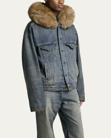 Balenciaga Men's Faux Fur-Trim Hooded Denim Trucker Jacket | Thumbnail 4 Balenciaga Men's Faux Fur-Trim Hooded Denim Trucker Jacket | Thumbnail 4