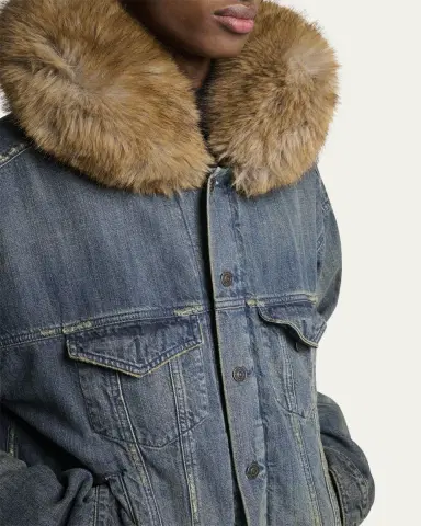 Balenciaga Men's Faux Fur-Trim Hooded Denim Trucker Jacket | Thumbnail 5 Balenciaga Men's Faux Fur-Trim Hooded Denim Trucker Jacket | Thumbnail 5