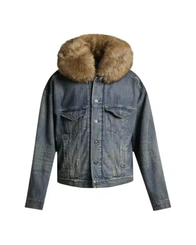 Balenciaga Men's Faux Fur-Trim Hooded Denim Trucker Jacket | Thumbnail 1 Balenciaga Men's Faux Fur-Trim Hooded Denim Trucker Jacket | Thumbnail 1