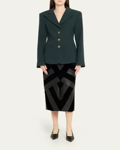 Sergio Hudson Chevron Paneled Leather Midi Pencil Skirt | Thumbnail 2