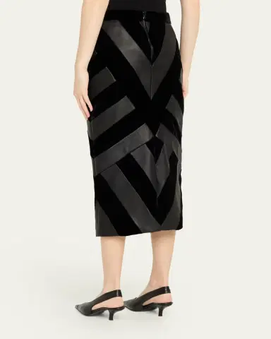 Sergio Hudson Chevron Paneled Leather Midi Pencil Skirt | Thumbnail 3