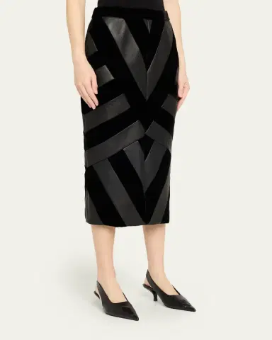 Sergio Hudson Chevron Paneled Leather Midi Pencil Skirt | Thumbnail 4
