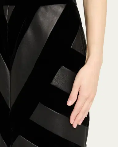 Sergio Hudson Chevron Paneled Leather Midi Pencil Skirt | Thumbnail 5