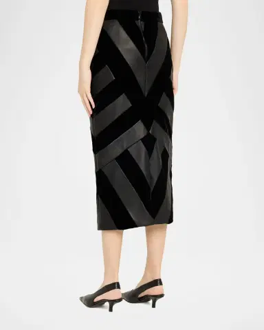 Sergio Hudson Chevron Paneled Leather Midi Pencil Skirt | Thumbnail 7