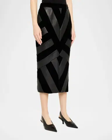 Sergio Hudson Chevron Paneled Leather Midi Pencil Skirt | Thumbnail 8