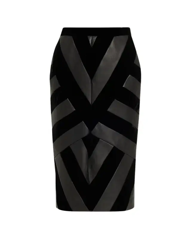 Sergio Hudson Chevron Paneled Leather Midi Pencil Skirt