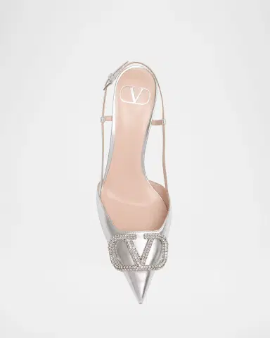 Valentino Garavani 80mm VLogo Signature Strass Metallic Leather Slingback Pumps | Thumbnail 6 Valentino Garavani 80mm VLogo Signature Strass Metallic Leather Slingback Pumps | Thumbnail 6