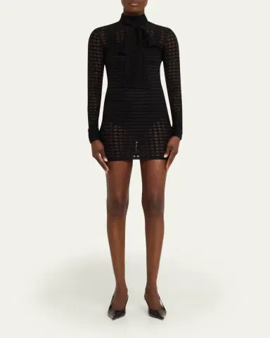 LaQuan Smith Bow-Neck Sheer Windowpane Long-Sleeve Mini Dress | Thumbnail 2 LaQuan Smith Bow-Neck Sheer Windowpane Long-Sleeve Mini Dress | Thumbnail 2