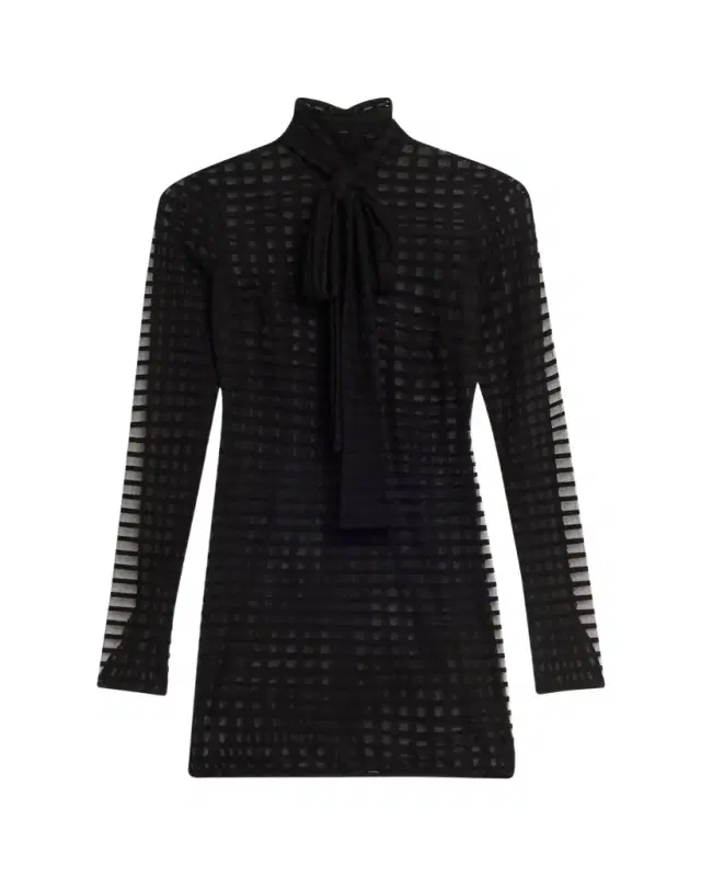 LaQuan Smith Bow-Neck Sheer Windowpane Long-Sleeve Mini Dress
