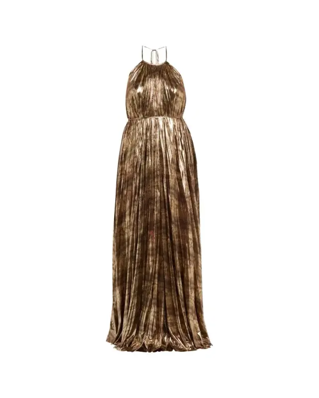 Maxine Pleated Metallic Jersey Halter Gown