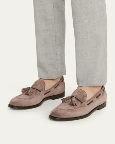 Brunello Cucinelli Men's Suede Braided Leather-Lace Tassel Loafers | Thumbnail 2 Brunello Cucinelli Men's Suede Braided Leather-Lace Tassel Loafers | Thumbnail 2