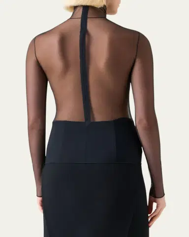 Akris Mock-Neck Stretch Tulle Fitted Long-Sleeve Shirt | Thumbnail 3