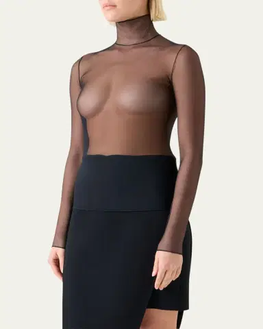 Akris Mock-Neck Stretch Tulle Fitted Long-Sleeve Shirt | Thumbnail 4