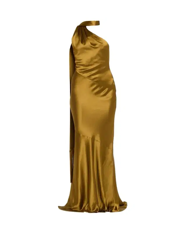 Kelsa High-Neck Satin Scarf Gown