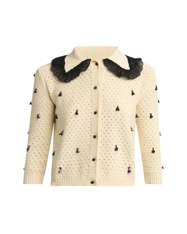 Valentino Garavani Pointelle Micro Tassel Ruffled Cardigan