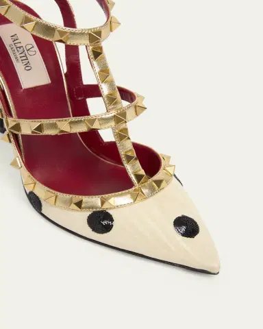 Valentino Garavani 100mm Rockstud Sequined Metallic Leather Caged Pumps | Thumbnail 3