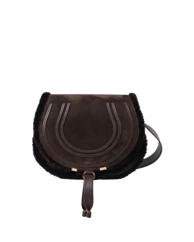 Marcie Saddle Crossbody Bag in Shearling-Trim Suede