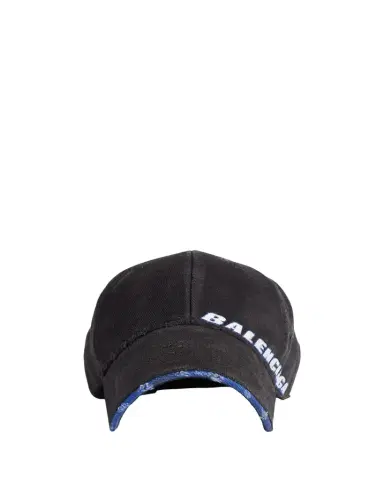 Balenciaga Men's Cotton Drill Distressed Tilted Logo Baseball Cap | Thumbnail 1 Balenciaga Men's Cotton Drill Distressed Tilted Logo Baseball Cap | Thumbnail 1