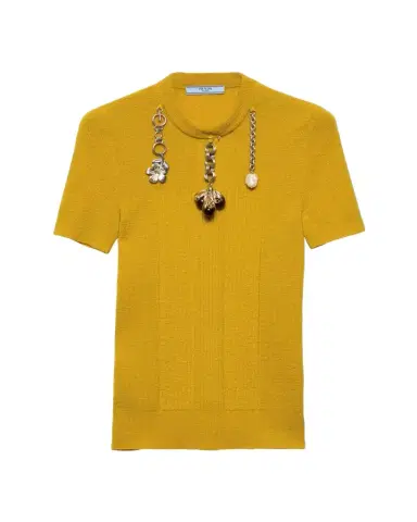 Prada Chain Embroidered Wool Knit Short-Sleeve Sweater | Thumbnail 1 Prada Chain Embroidered Wool Knit Short-Sleeve Sweater | Thumbnail 1