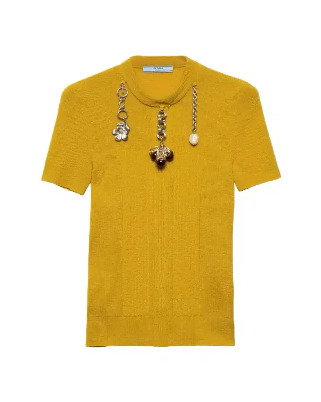 Chain Embroidered Wool Knit Short-Sleeve Sweater