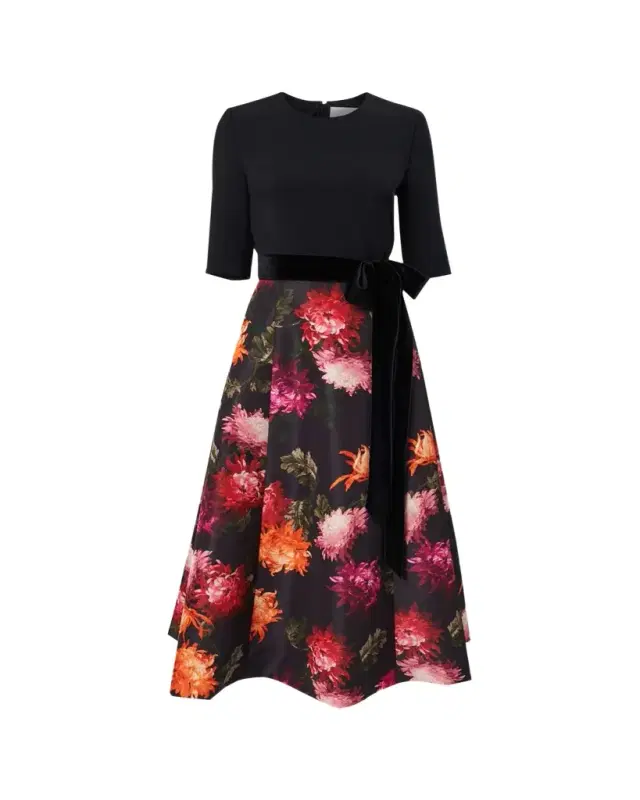 Floral Elbow-Sleeve Bow Midi Dress