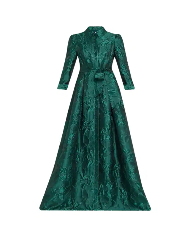 Rickie Freeman for Teri Jon Metallic Jacquard Floral Shirt Gown