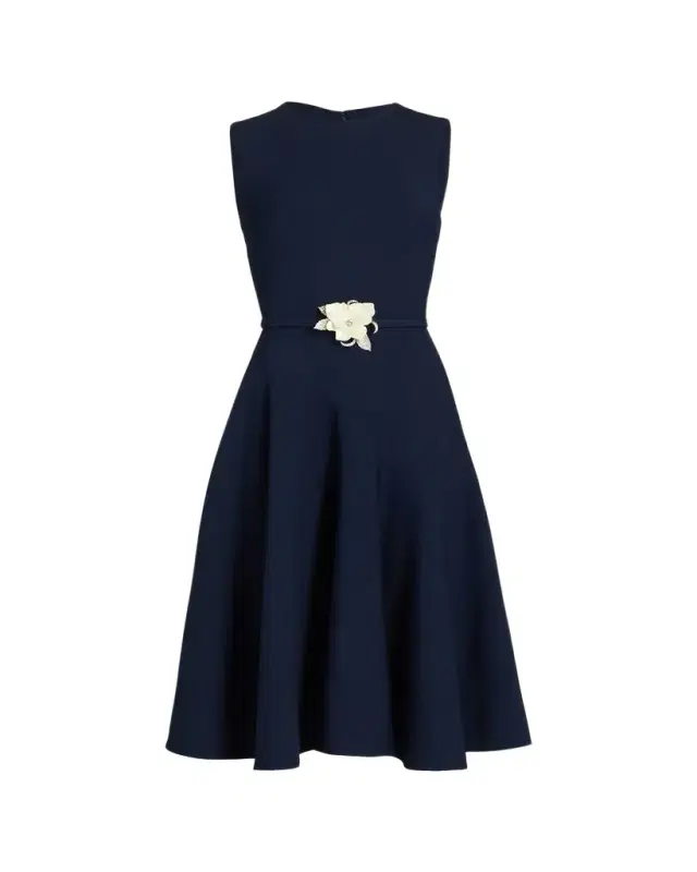 Sleeveless Crystal Belted Stretch Wool Midi Dress