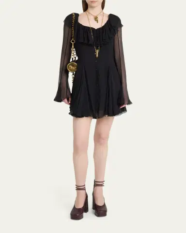 Chloé Ruffle Long-Sleeve Silk Mousseline Mini Dress | Thumbnail 2 Chloé Ruffle Long-Sleeve Silk Mousseline Mini Dress | Thumbnail 2