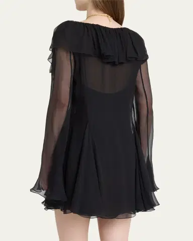 Chloé Ruffle Long-Sleeve Silk Mousseline Mini Dress | Thumbnail 3 Chloé Ruffle Long-Sleeve Silk Mousseline Mini Dress | Thumbnail 3