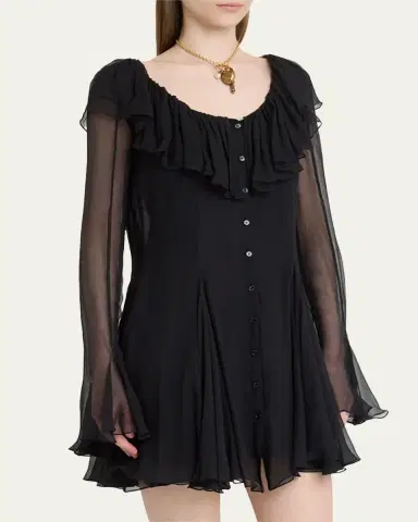 Chloé Ruffle Long-Sleeve Silk Mousseline Mini Dress | Thumbnail 4 Chloé Ruffle Long-Sleeve Silk Mousseline Mini Dress | Thumbnail 4