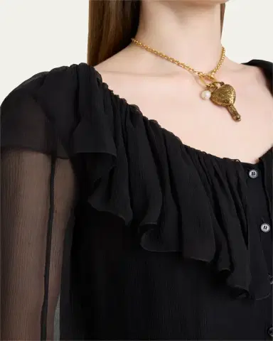 Chloé Ruffle Long-Sleeve Silk Mousseline Mini Dress | Thumbnail 5 Chloé Ruffle Long-Sleeve Silk Mousseline Mini Dress | Thumbnail 5