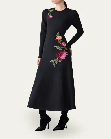 Carolina Herrera Floral Embroidered Long-Sleeve Midi Dress | Thumbnail 4 Carolina Herrera Floral Embroidered Long-Sleeve Midi Dress | Thumbnail 4