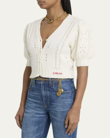 Chloé Wool & Cashmere Cropped Puff-Sleeve Cardigan | Thumbnail 4