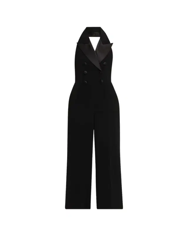 Sergio Hudson Satin-Lapel Halter Jumpsuit