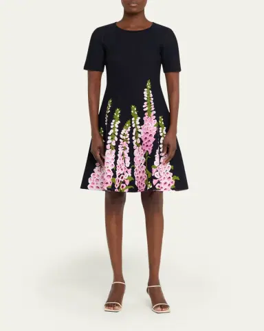 Oscar de la Renta Foxglove Jacquard Knit Short-Sleeve Mini Dress | Thumbnail 2 Oscar de la Renta Foxglove Jacquard Knit Short-Sleeve Mini Dress | Thumbnail 2