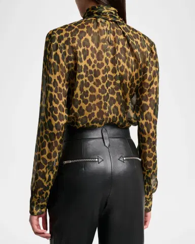 Saint Laurent Leopard Silk Chiffon Bow-Neck Blouse | Thumbnail 2 Saint Laurent Leopard Silk Chiffon Bow-Neck Blouse | Thumbnail 2