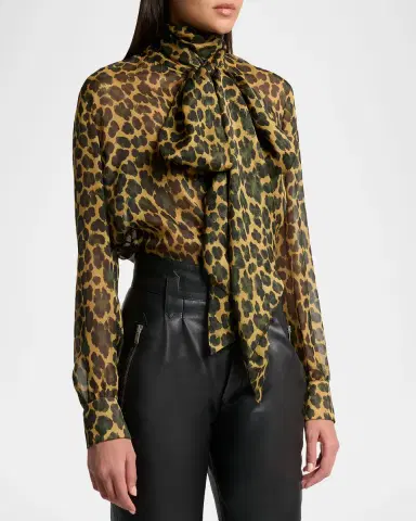 Saint Laurent Leopard Silk Chiffon Bow-Neck Blouse | Thumbnail 3 Saint Laurent Leopard Silk Chiffon Bow-Neck Blouse | Thumbnail 3